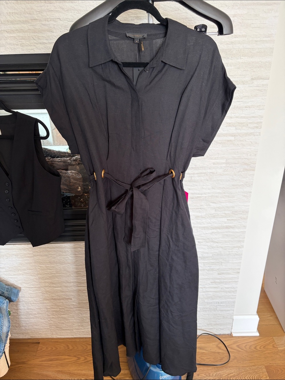 Donna Karan Black Collared Midi Shirt Dress with Waist Tie